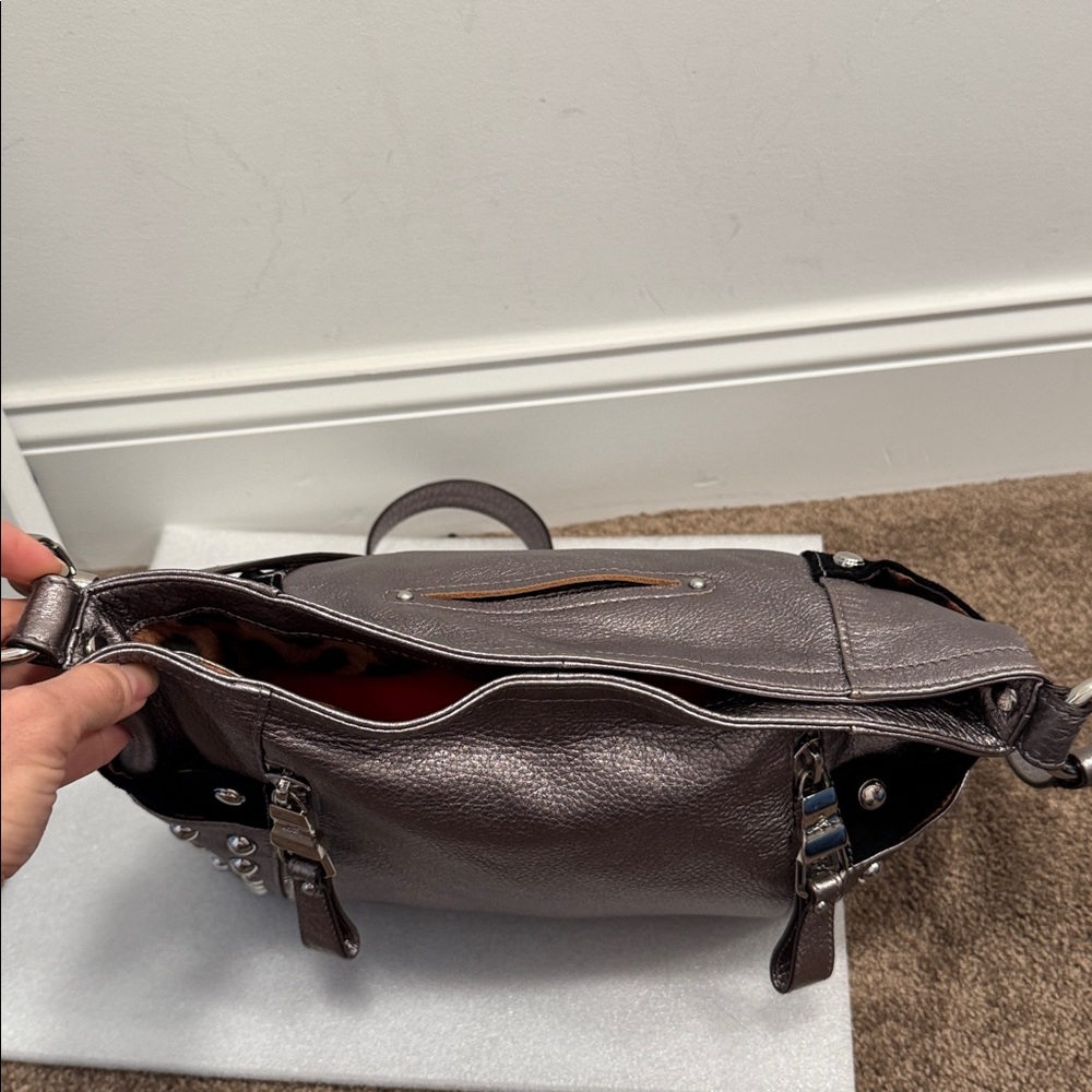 B.Makowsky Studded Metallic Leather Handbag - Picture 8 of 12